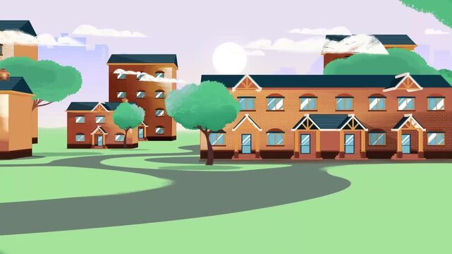 Beautiful suburban neighborhood street with modern houses and green trees