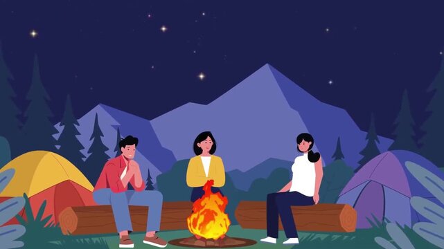 Group of friends camping together sitting around bonfire at starry night