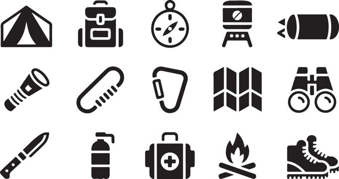 A set of black camping equipment vector icons featuring essential outdoor gear like tents backpacks compasses maps and flashlights designed in a clean flat minimalist style
