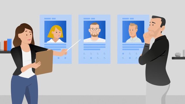 HR manager choosing candidate resume profile during recruitment presentation