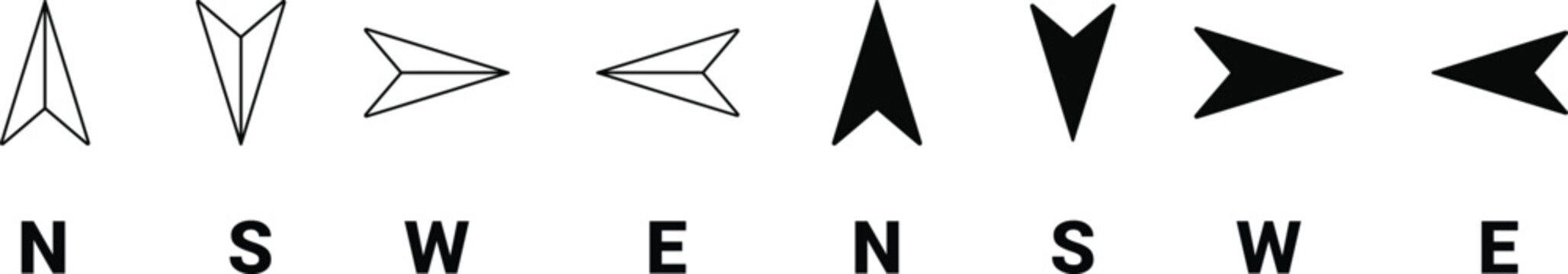 Set of various compass direction arrows and signs on white background. Direction compass icon set, north, south, east, west sign, direction outline and solid symbol, vector illustration.