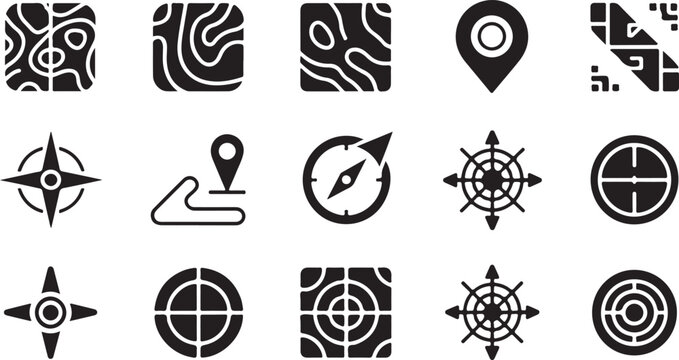 Collection of fifteen black and white vector icons featuring various navigation elements like compasses maps markers and targeting symbols designed in a clean minimalist flat style