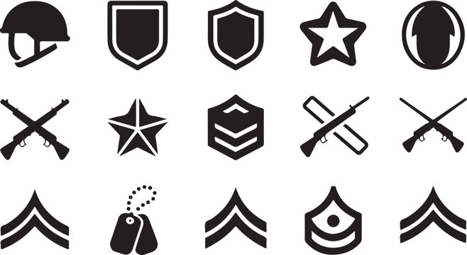 A set of black military vector graphic icons featuring various symbols like helmets shields stars rifles chevrons and dog tags for professional creative design projects