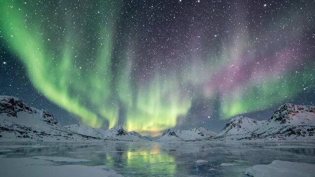 Aurora Borealis Over Snowy Arctic Landscape, Northern Lights Display in Night Sky