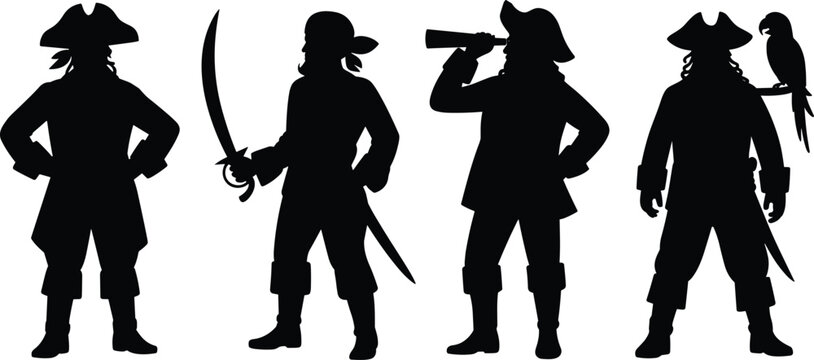 Pirate Silhouettes Vector Set with Sword, Telescope, and Parrot for Adventure, Nautical, High Seas, and Storytelling Projects
