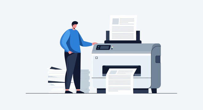 Man operating large office printer machine.