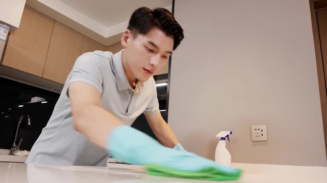 Industrious man cleaner housekeeper in protective gloves holds duster cleaning table wipe dust, dirt performing housekeeping job service with spray fluid detergent and hygiene products for furniture
