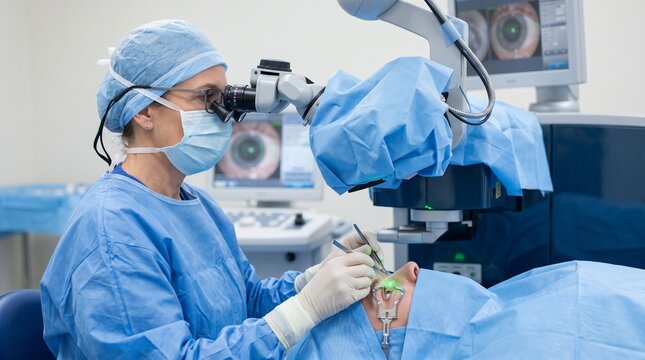 An ophthalmologist performs laser vision correction using special equipment, professional, high-quality and detailed photo on an isolated background.