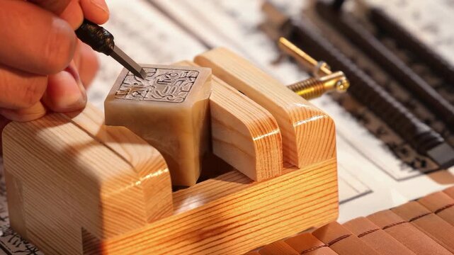 Skillful artisan craftsman hands using a gouge to carve intricate details traditional chinese stone emblem stamp seal. Skilled craft worker hand-carving details at workshop and tool display