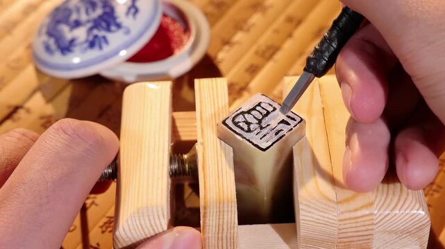 Artisan craftsman hands using a gouge to carve traditional chinese stone emblem stamp seal. Skilled craft worker hand-carving details at workshop and tool display