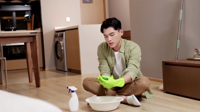 Industrious young man in protective gloves do household chores washing floor using spray detergent supplies cleaning, wrings rag dust, uses it to clean floor at home, demonstrating housekeeping task