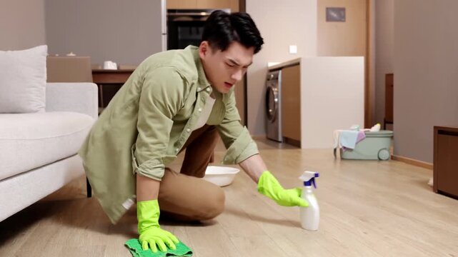 Tired man sits on floor in pain, massaging his shoulder back, neck, near equipment after cleaning household chores washing floor, wrings rag. Housekeeping, household chores, maid work job