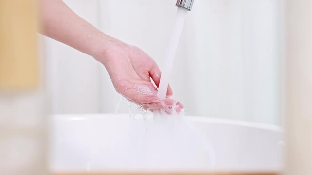 Unrecognized woman hands turning on faucet tap to run a bath of a jacuzzi bathtub with foam soap and hand tests water temperature before enjoying self-care weekend day in hot water