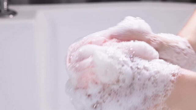 Closeup young woman hands pours shampoo shower gel douche into bath mesh sponge, cleanliness bodycare, self-hygiene and healthcare using liquid soap product for cleaning body in bathtub bathroom