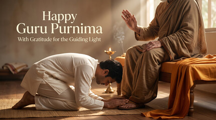Fototapeta premium Devotee shows respect to revered spiritual teacher during guru purnima celebration in a serene indoor setting with traditional attire warm lighting and spiritual ambiance
