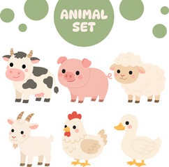 Fototapeta premium Cute Farm Animal Collection Flat Vector Illustration