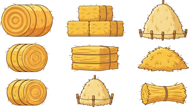 Hay Bale Vector Icon Set with Round Straw Rolls Stacked Haystacks and Dry Grass Bundles for Agriculture Farming and Autumn Countryside Designs