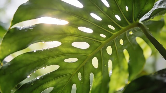 A green Monstera leaf with glistening water droplets backlit by bright sunlight.