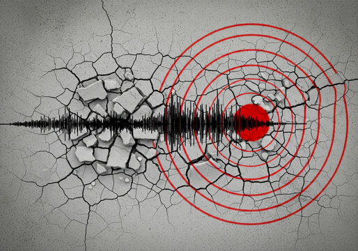 Earthquake seismograph wave and red epicenter on cracked ground concept