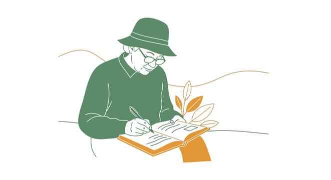 Man wearing green hat writing notebook.