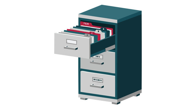 Illustration of a modern office filing cabinet with an open drawer containing organized folders