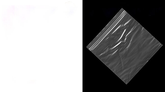 Transparent plastic texture overlay, wrinkled polyethylene bag on black background, crinkled cellophane wrap for graphic design mockups