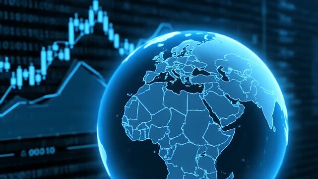 Global financial market concept with a glowing blue globe and stock market chart data