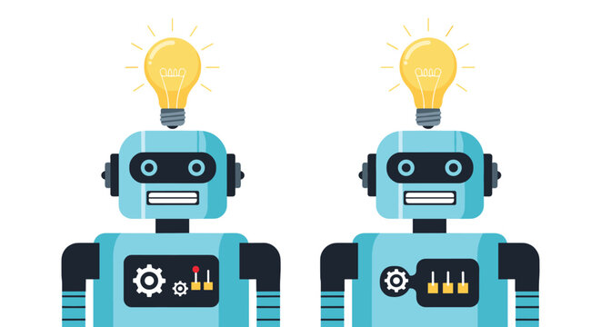 Two blue robots with glowing light bulbs over their heads representing artificial intelligence, innovation, and ideas.