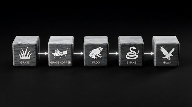 Wooden blocks illustrating a food chain with grass grasshopper frog snake and hawk on black background