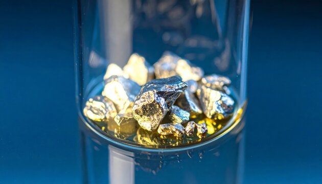 Small chunks of silvery white lithium metal stored under mineral oil in a protective glass container for scientific research and analysis.