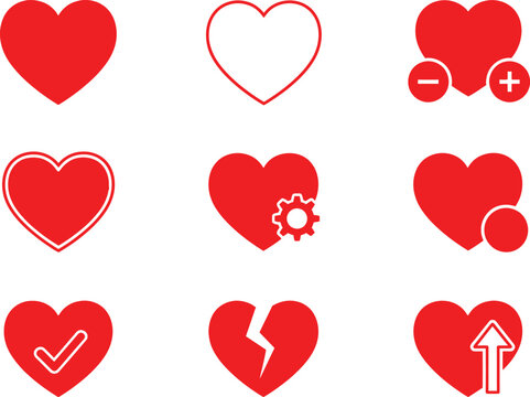 Set of nine red heart icons with different symbols and actions