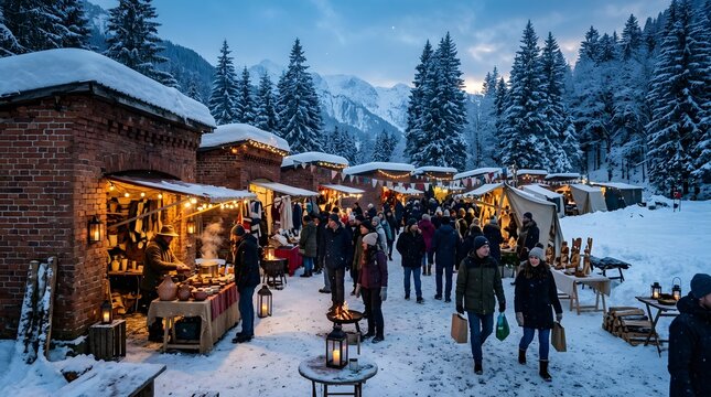 Winter festival market under snowy mountain peaks