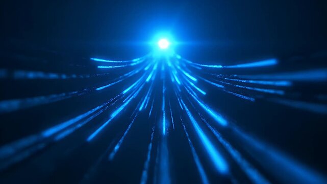 blue fiber optic cables transmitting high speed data through a digital network space.