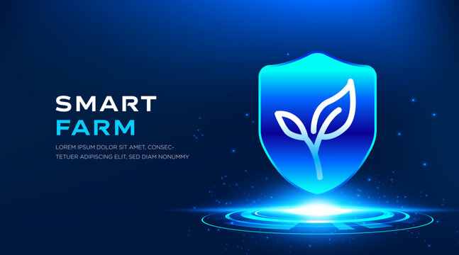 Smart Farm technology banner with digital agriculture shield and glowing neon farming concept. Modern agritech vector background for smart farming presentation, AI agriculture, and sustainability