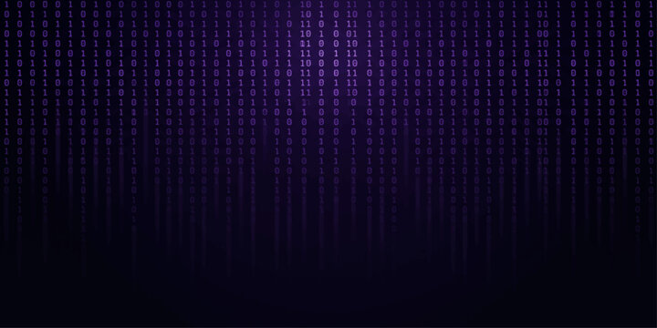 Dark purple binary code matrix rain in upper portion with large empty copyspace below for cyberpunk presentation and tech background design