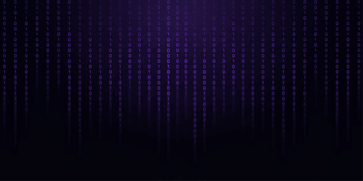 Dark purple violet binary code upper half matrix rain with large bottom copyspace on deep background for cyberpunk tech presentation design