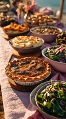 Fototapeta premium Juneteenth celebration communal table spread with pies and salads for event banner and background use