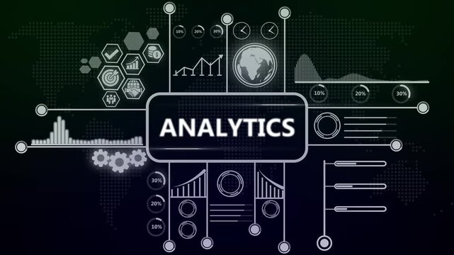 Digital business analytics dashboard with animated data graphs and global network