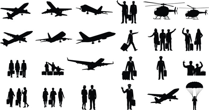 Air Travel and Aviation Silhouette Collection Featuring Airplanes Pilots Passengers Helicopters and Airport Transportation Scenes
