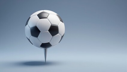Naklejka premium Single classic black and white soccer ball balanced perfectly on sharp metal spike against a soft neutral gradient background for sports competition concepts