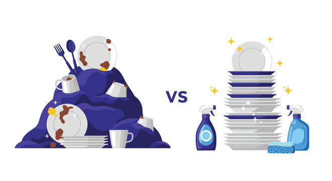Comparison between a messy pile of dirty dishes and a neat stack of clean plates with soap and cleaning supplies.