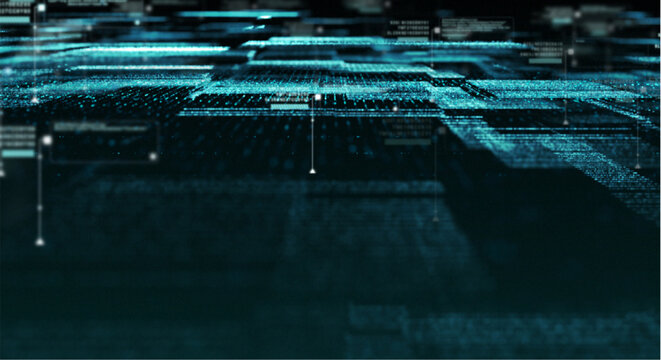 Futuristic digital landscape with glowing blue circuits and data streams on a dark background representing technology and innovation