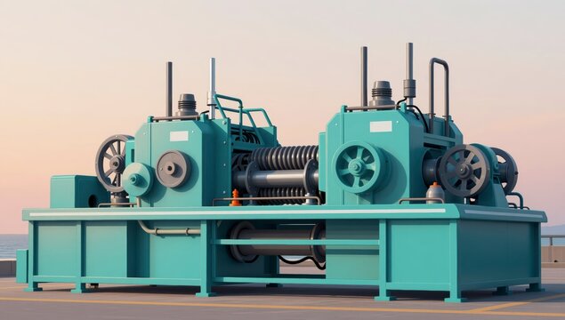 Industrial heavy machinery metal roller press equipment standing on concrete factory floor under clear sky at sunset for manufacturing and mechanical engineering concept