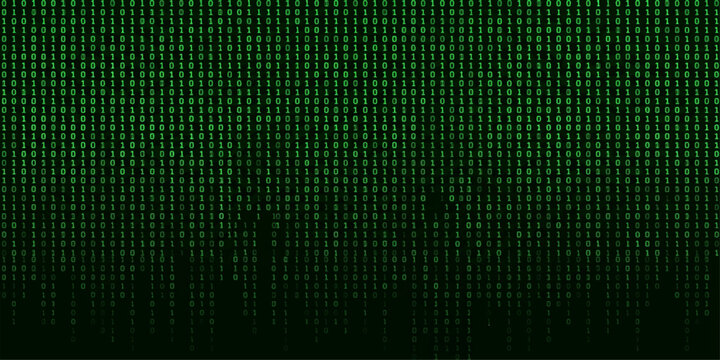Bright green binary code full screen classic matrix with dark vignette corners on black for gaming and tech presentation background design