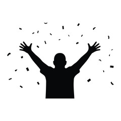 Cheering person raising hands amidst falling confetti celebrates success or joy in silhouette.
