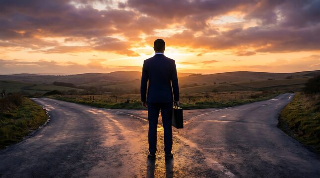 Businessman Standing at a Fork in the Road at Sunset Representing Career Choice and Future Decision Making