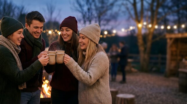 Friends holding hot mugs at an outdoor bonfire party during evening autumn