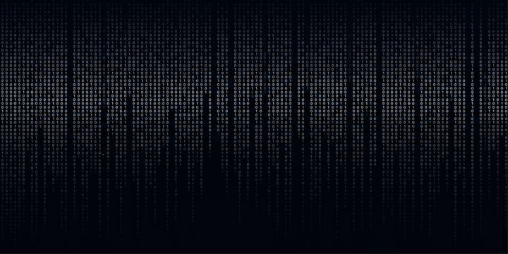 Dark navy blue binary code vertical falling stream columns on deep background with matrix rain effect for cybersecurity and technology design