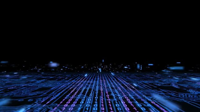 Digital binary code flowing across a glowing blue circuit board in dark cyber space.