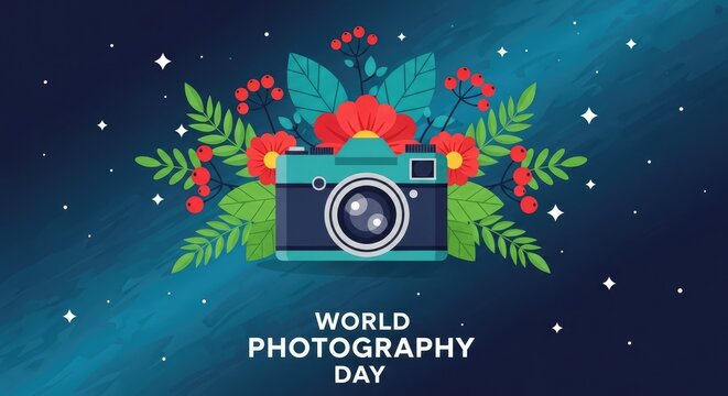 Celebrating world photography day with a vintage camera and floral beauty